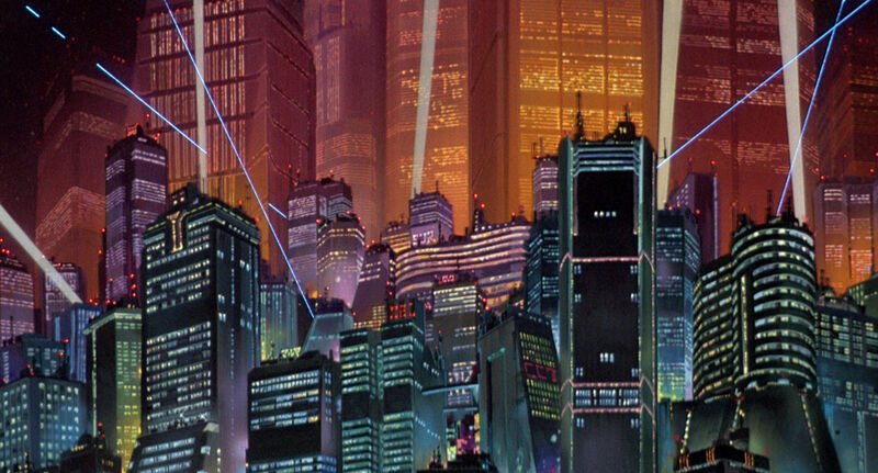 Still from Akira of a city at night