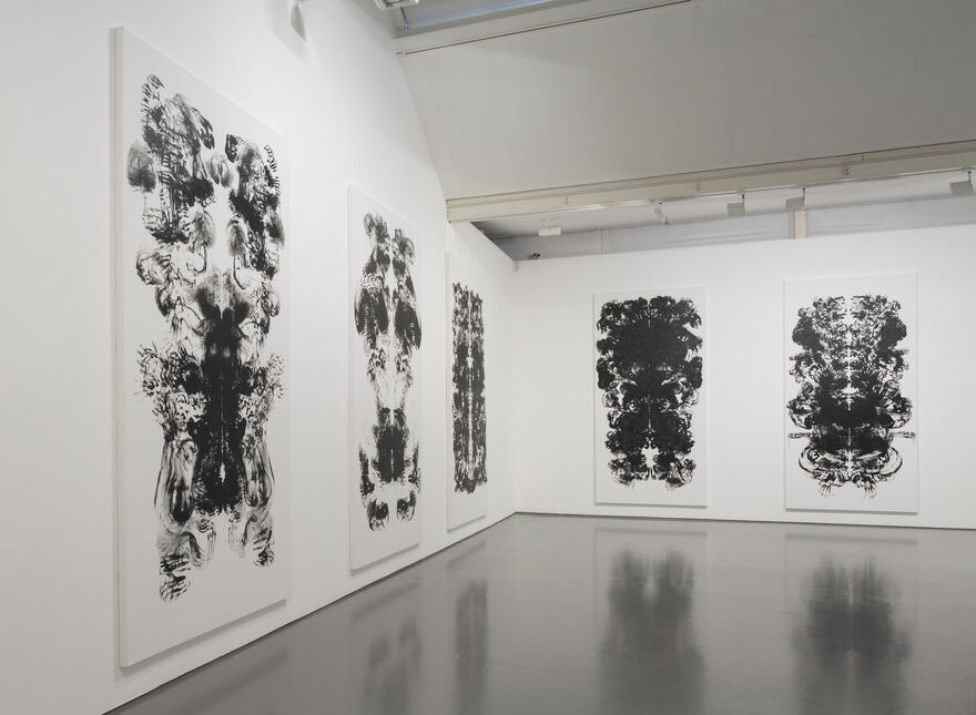 The photograph shows a 5 large drawings akin to Rorschach prints, on two white walls. 