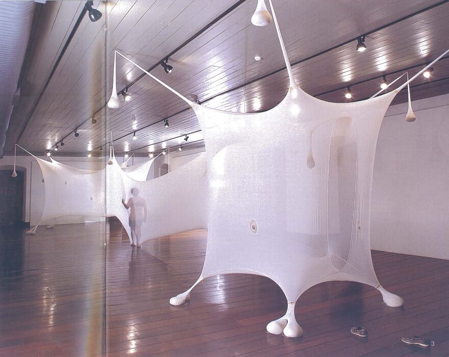 A work from Ernesto Neto - white netting is stretched out across a gallery. It is semi-transparent and people can be seen walking through it.