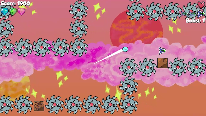 A screenshot of the game Boingo. A little blue circle speeds through the sky, avoiding rotating spiky wheel with angry faces. The background orange with pink clouds.