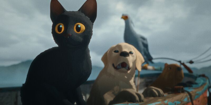 A cat, a Labrador and a bird sit on a boat together.