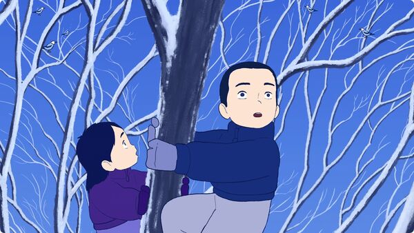 Animation still: A boy and a girl climb a snowy tree
