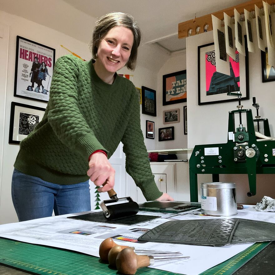 Pamela Scott printing in her home studio