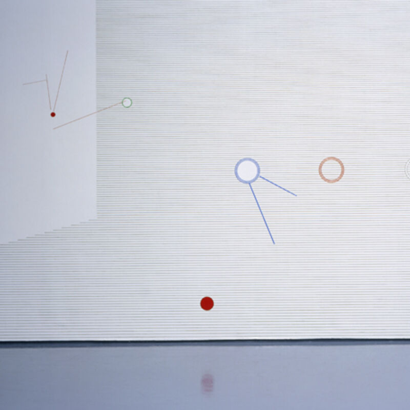An image from Richard Wright's exhibition shows very thin, fine black stripes painted on DCA gallery walls. There are also coloured circles with straight lines coming out of them.