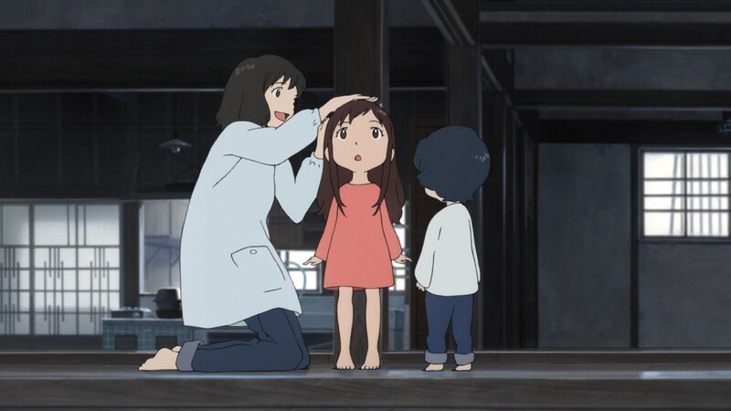An anime still shows a woman measuring a young child against a wall.