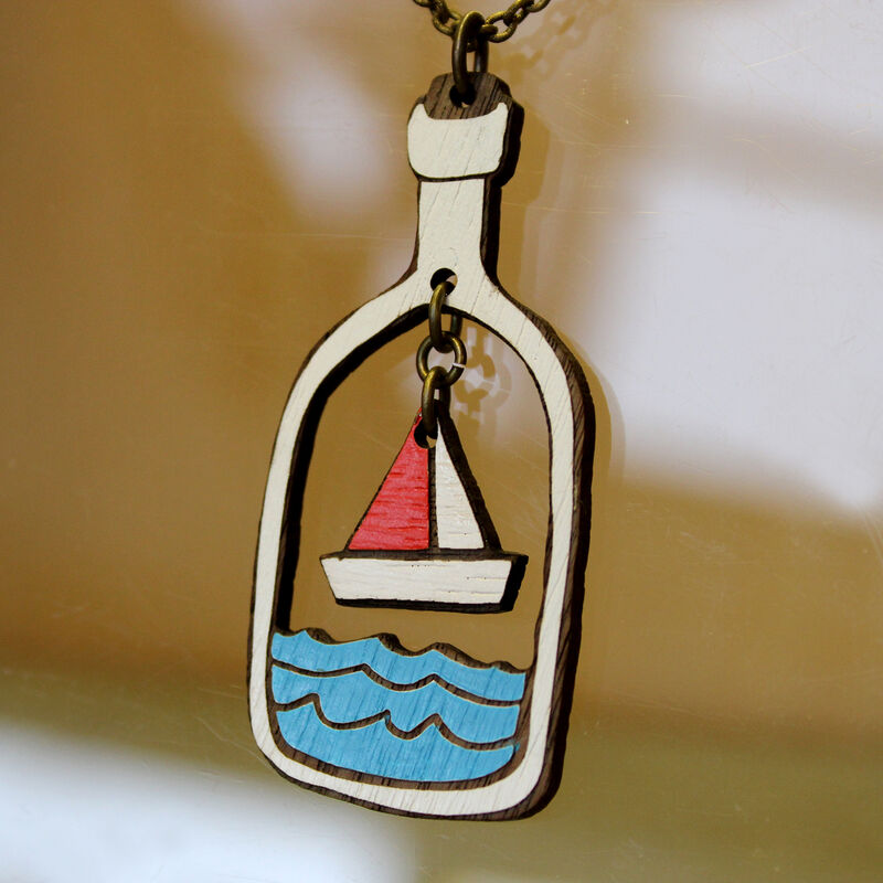 Boat in a bottle wooden necklace pendanct
