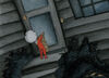 Still from animated short of a small person in a costume holding out an open sack at a closed door