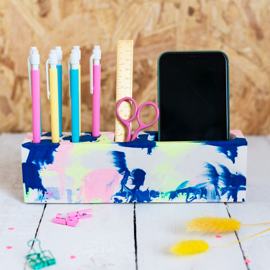 Desk tidy made using colourful jesmonite