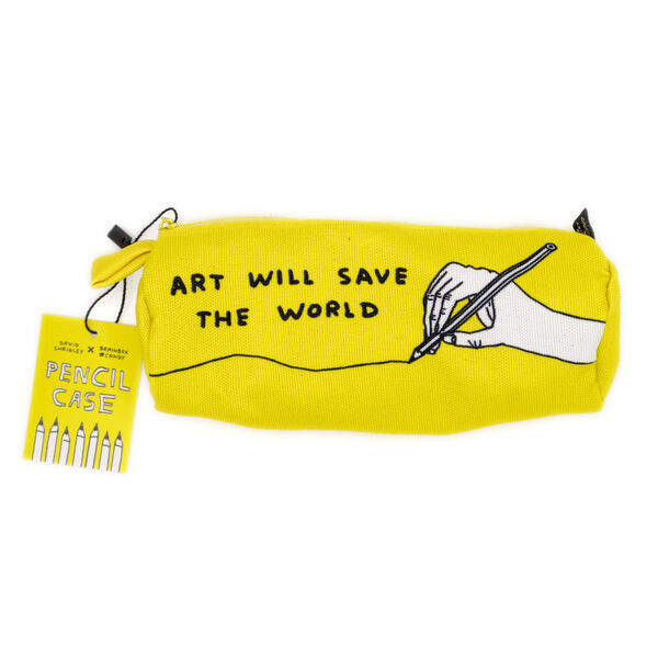 Yellow pencil case with drawing of a hand with a pencil and black text:'ART WILL SAVE THE WORLD'