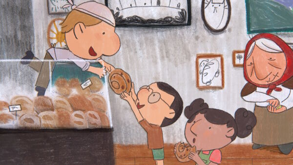 Animation still – Boris the baker gives cakes to happy children
