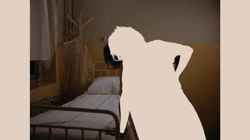 A figure leans over a bed, with a blank cut-out of the same person superimposed over them 