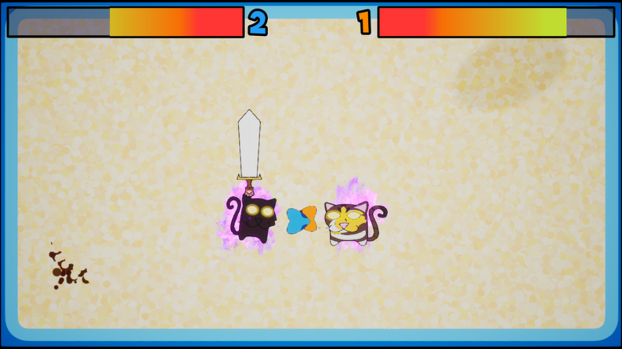 Two cartoon cats fight each other with swords.