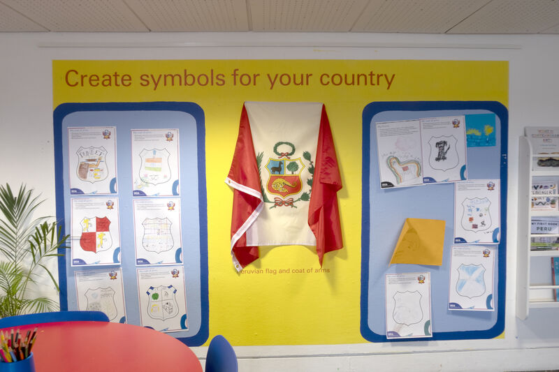 Create Space wall vinyl text reading 'Create symbols for your country', including different activities and the Peruvian flag