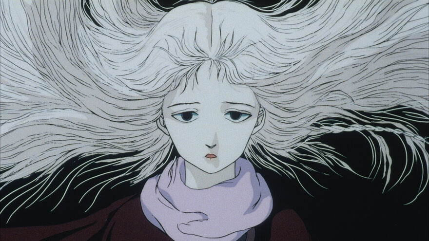 Anime still of a girl with long white hair and lilac scarf