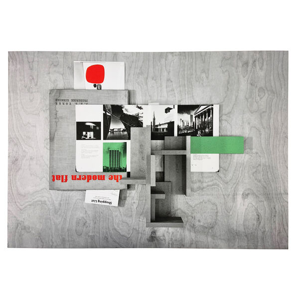 Print of collage of materials on a table