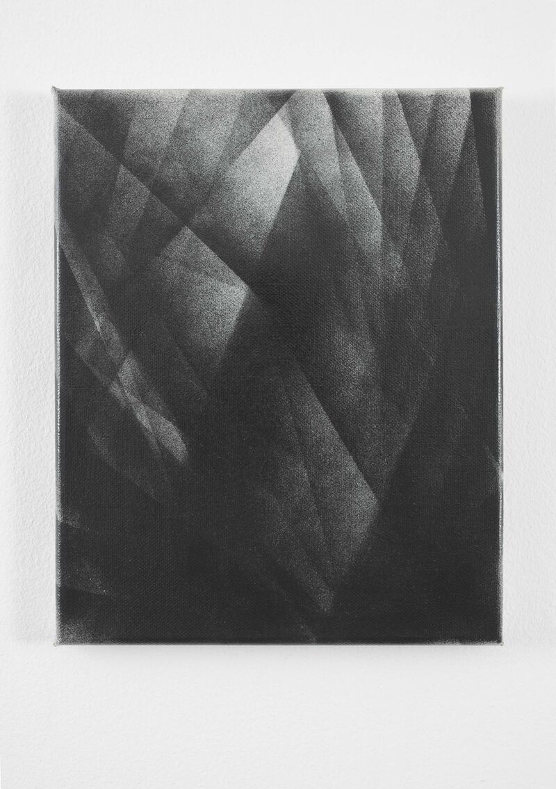 From Florian & Michael Quistrebert's exhibition. An abstract image shows gradual, black and white diagonal patterns drawn on paper with charcoal or pencil.