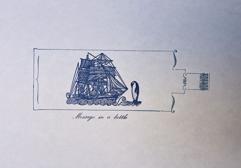 Printed page with message in a bottle image and text made using wood engraving and letterpress