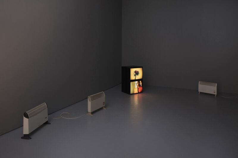 From Margaret Salmon's exhibition 'Hole', two televisions stacked on top of each other. The top television shows a red flower, the bottom flower shows two people. One is whispering in the other's ear. Surrounding the televisions, there are small electric heaters.