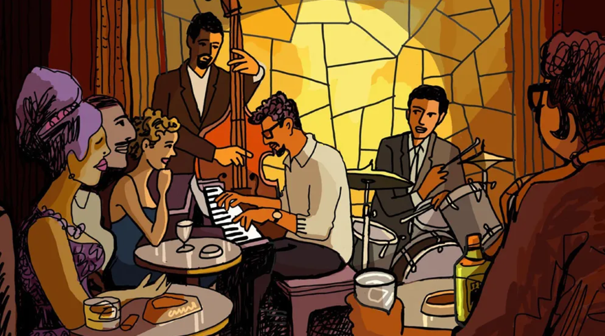 Animated still of a bearded man playing piano in a jazz bar
