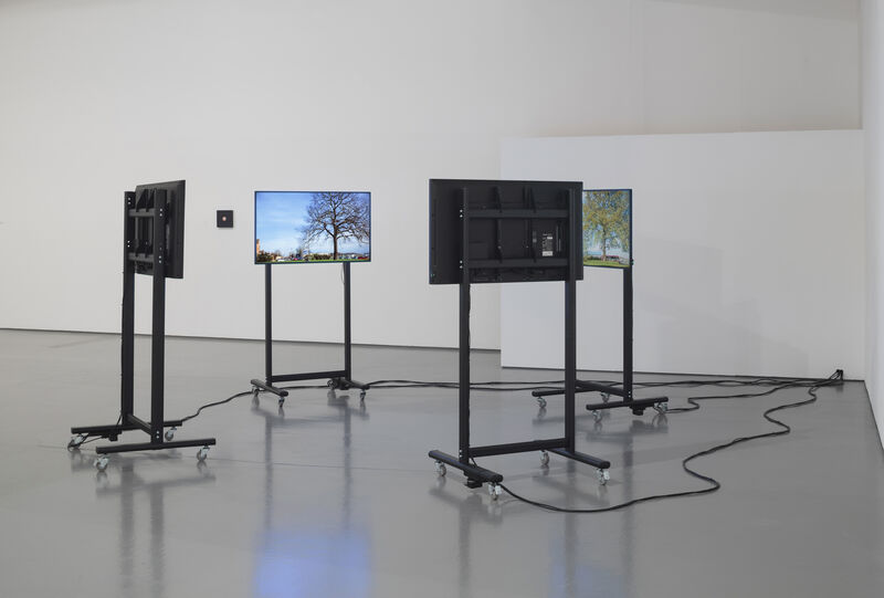 We can see an installation of 4 free standing monitors facing into each other. It is possible to make out trees in the landscapes on two of the screens. 