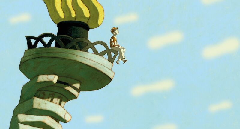 An animation still shows a boy wearing a baseball cap sitting on the edge of the torch of the Statue of Liberty