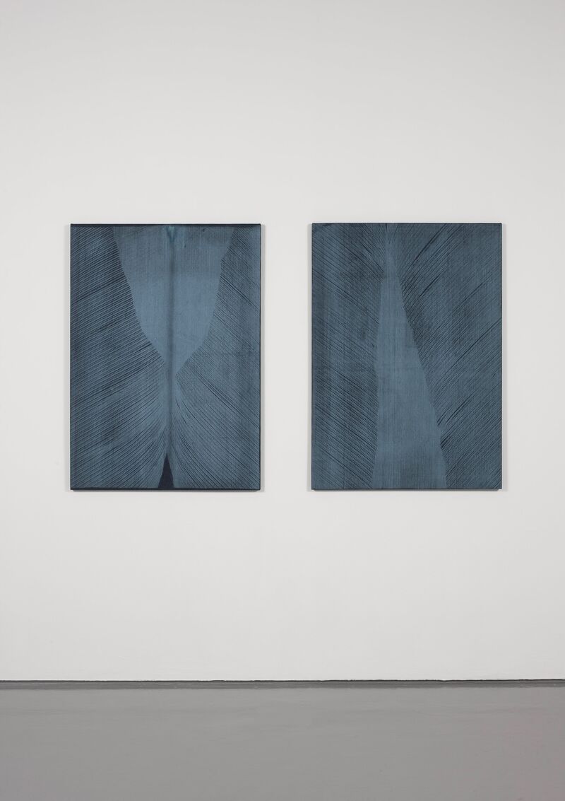 From Duncan Marquiss's exhibition, Copying Errors. Two dark blue, portrait oriented canvases have diagonal textures on them.