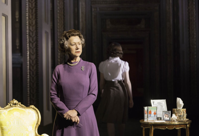 Helen Mirren wears a purple dress while playing the queen in The Audience