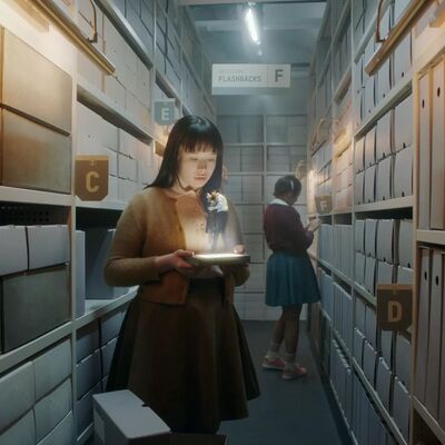 A woman wearing a cardigan and a skirt stands in a storage department holds a magical glowijg book which shows two tiny people standing on top embracing.