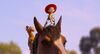 Cowgirl toy Jessie rides a horse in animated film Toy Story 5