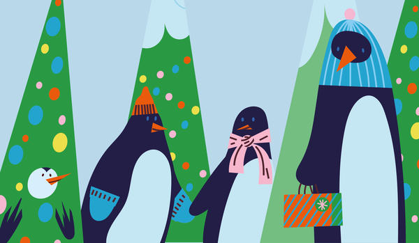Illustrated penguins and Christmas trees