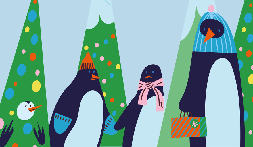 Illustrated penguins and Christmas trees