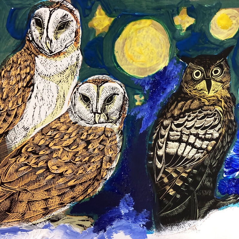 Collage of three owls against a painted night sky