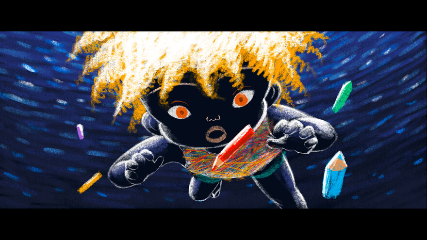 An animated still shows a child swimming through a sea with pencils floating in it