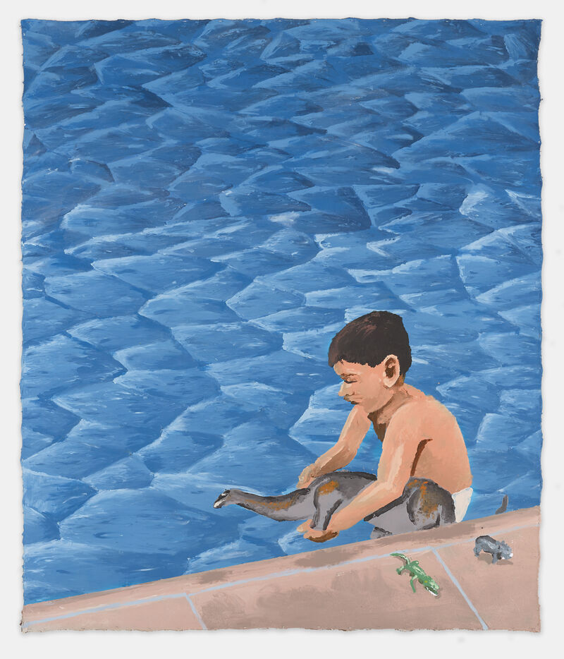 A painting of a young child playing with toy dinosaurs in a vivid blue swimming pool.