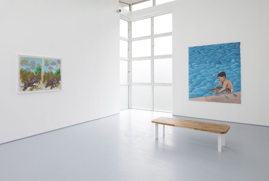Installation view of gallery 1. On the left can be seen a diptych. To the centre is a gridded window which lets light fall to the centre of the floor where there is a wooden seating bench. To the right a painting hangs on the white wall showing a young child in a swimming pool, the water is vivid blue. 