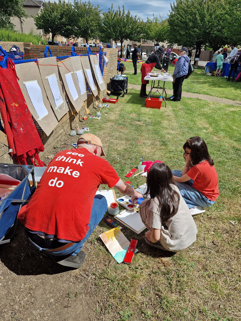 Cardboard easels set up in Malcolm Street Play Park