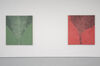 Photograph shows two paintings on a white wall. One is mainly red, to the right, and one is mainly green, to the left. 