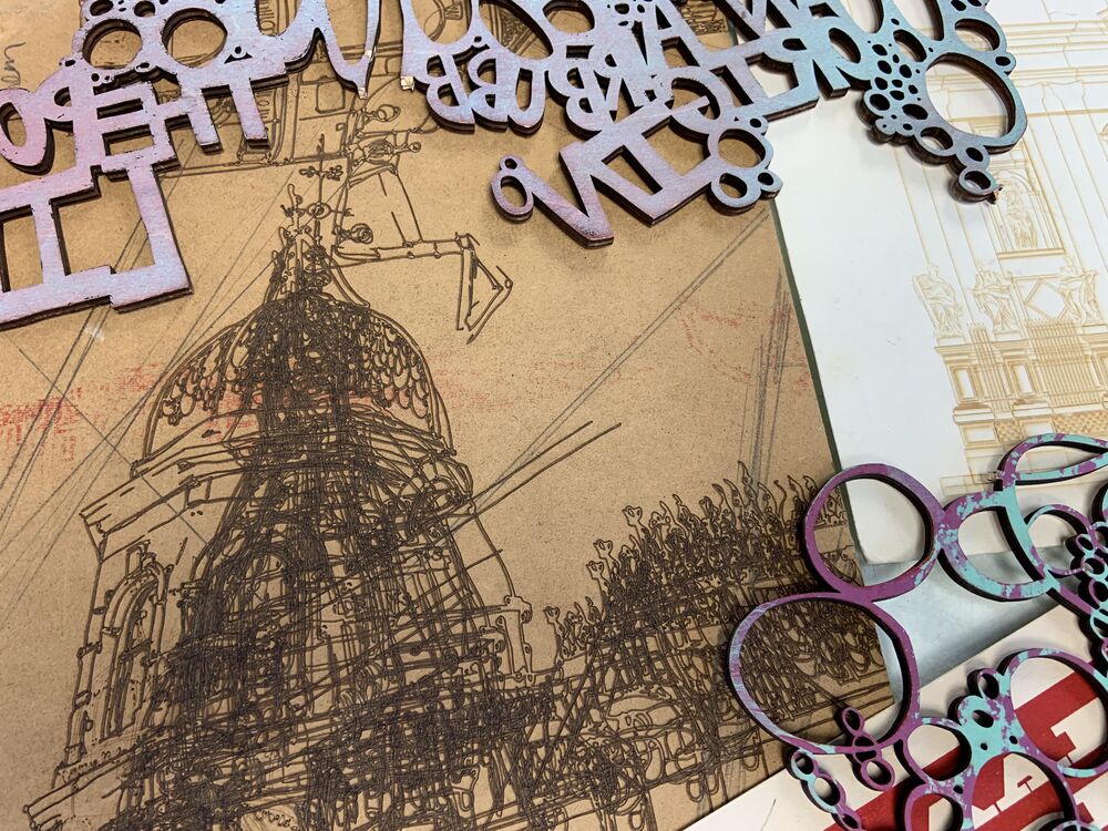 Printing block laser cut with a scetch of a building