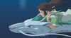 A still from the film Spirited Away shows a young girl riding on the back of a large white dragon.
