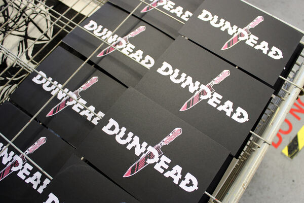Dundead prints on the drying rack in DCA Print Studio