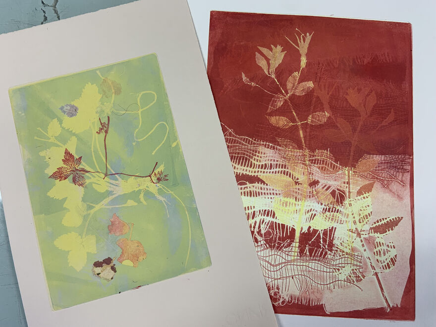 Two mono prints made using flowers, plants, net and string