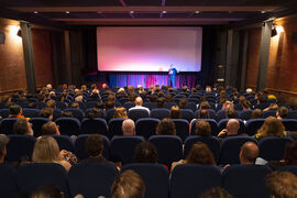 Michael Coull giving an introduction to an audience in DCA Cinema in front of a Dundead screenslide