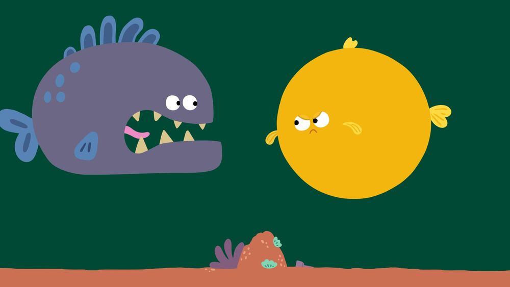 Two large animated fish meet each other in the bottom of the ocean.