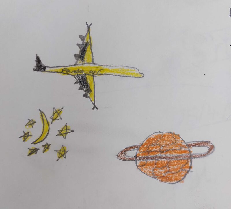 A drawing of a plane, stars and a planet.