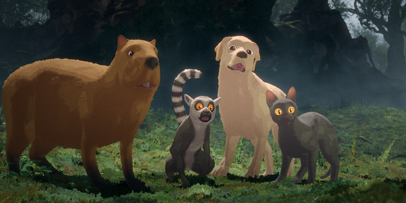 An animated still of a capybara, lemur, Labrador and cat.