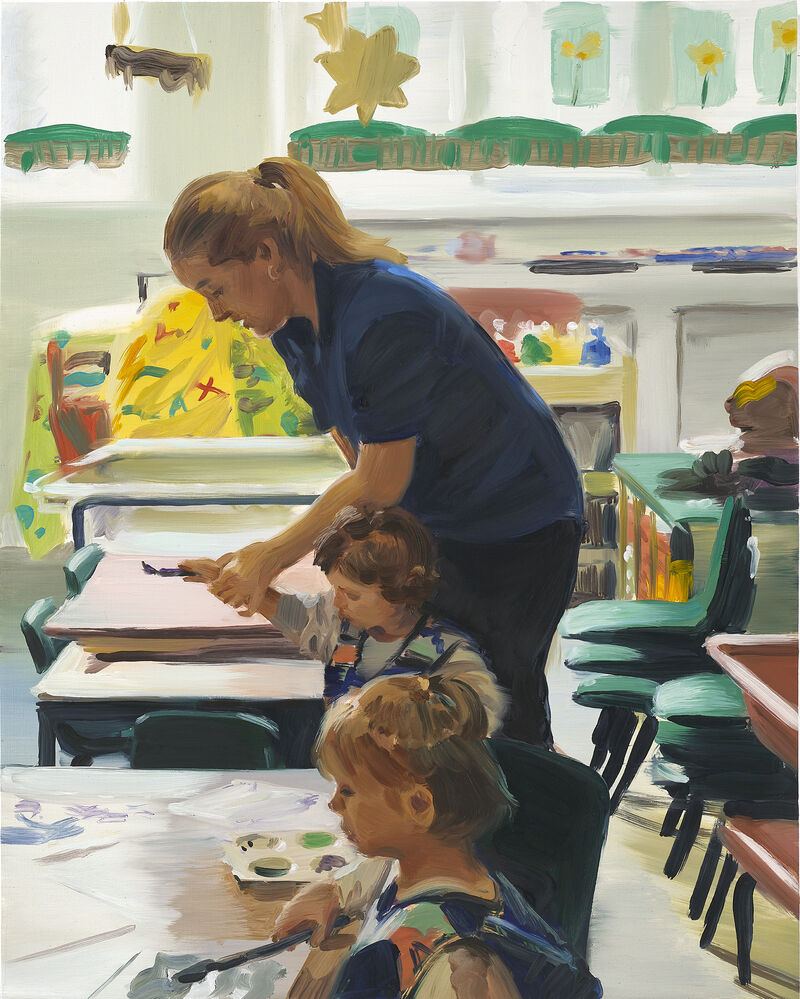 A painting of a nursery with a woman painting with a child 