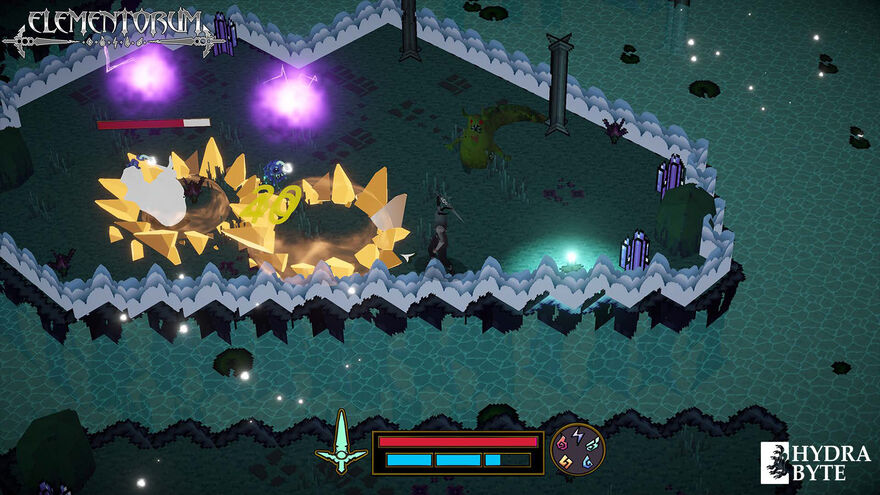 A character prepares to wield a spell in a video game landscape