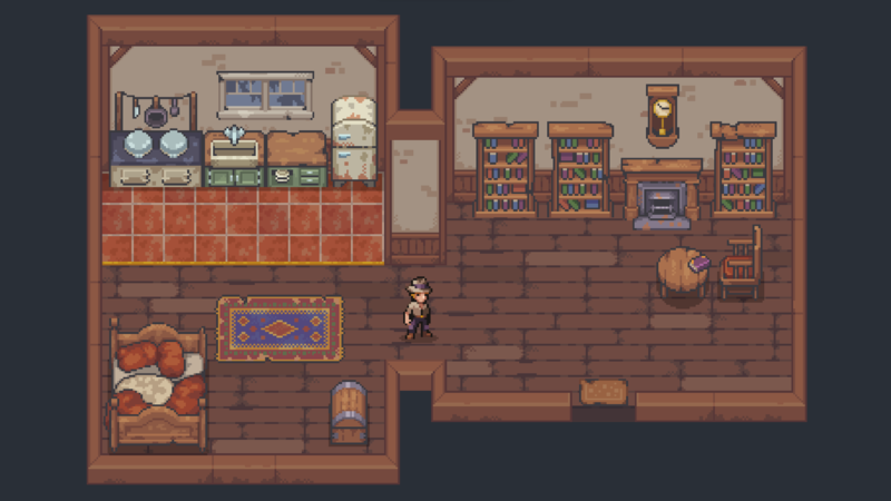 A small pixel man stands in a pixel log cabin with book shelves, a bed and a kitchen in it.