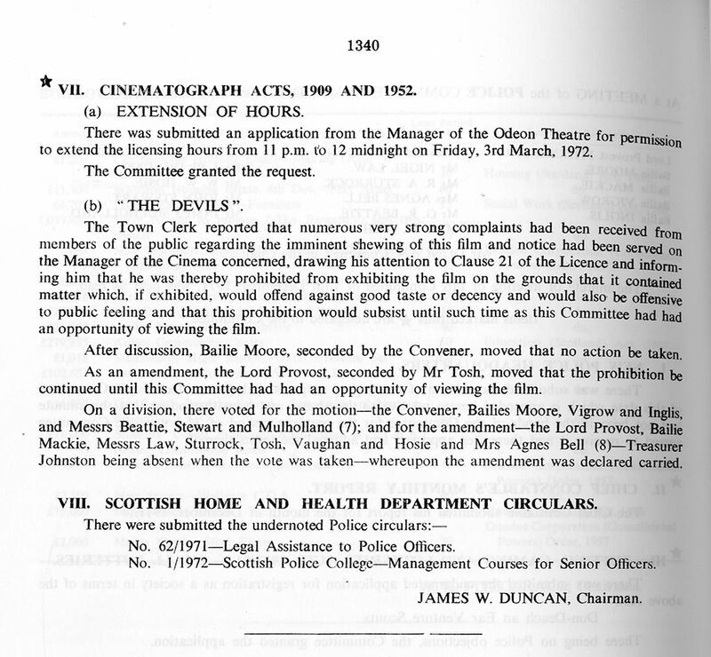 Notes from Dundee City Council meeting 10 January 1972: VII. CINEMATOGRAPH ACTS, 1909 AND 1952. (a) EXTENSION OF HOURS. There was submitted an application from the Manager of the Odeon Theatre for perm~i to extend the licensing hours from 11 p.m. to 12 midnight on Friday, 3rd March, 1972. on The Committee granted the request. (b) 