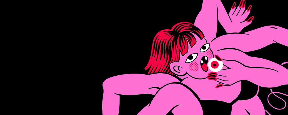 Section of Dudnead illustration showing a cartoon woman with many arms eating an eyeball